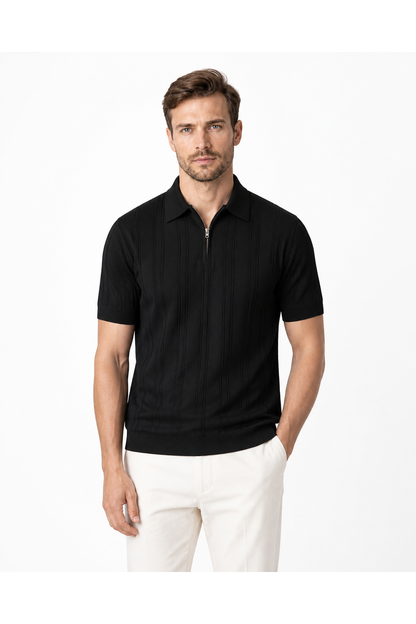 Finn | Ribbed Zip-Neck Polo Shirt - Black - front - group 2