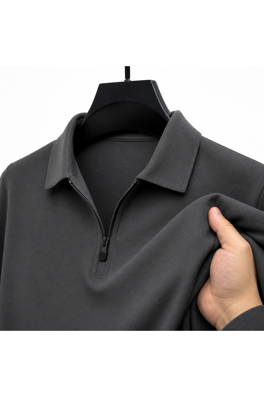 Black long-sleeve zip-neck polo shirt, collar and fabric detail