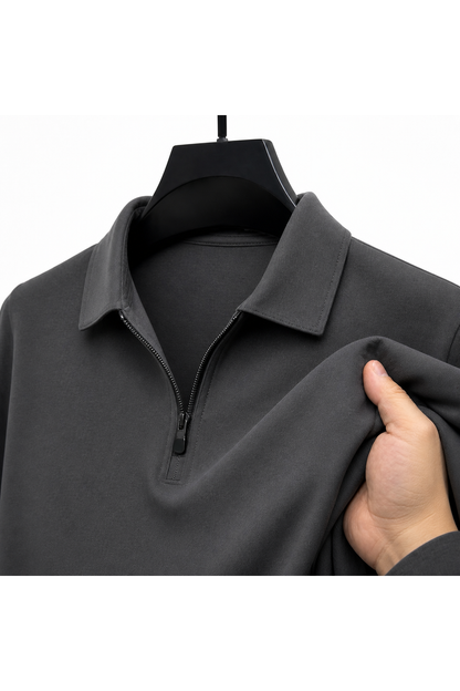 Black long-sleeve zip-neck polo shirt, collar and fabric detail
