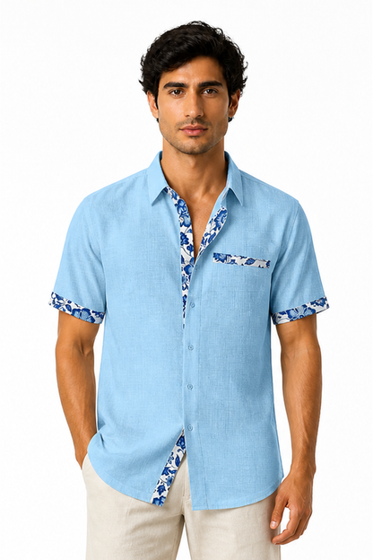 Men's Vacation Shirt Floral Trim Relaxed Fit, Blue, front view