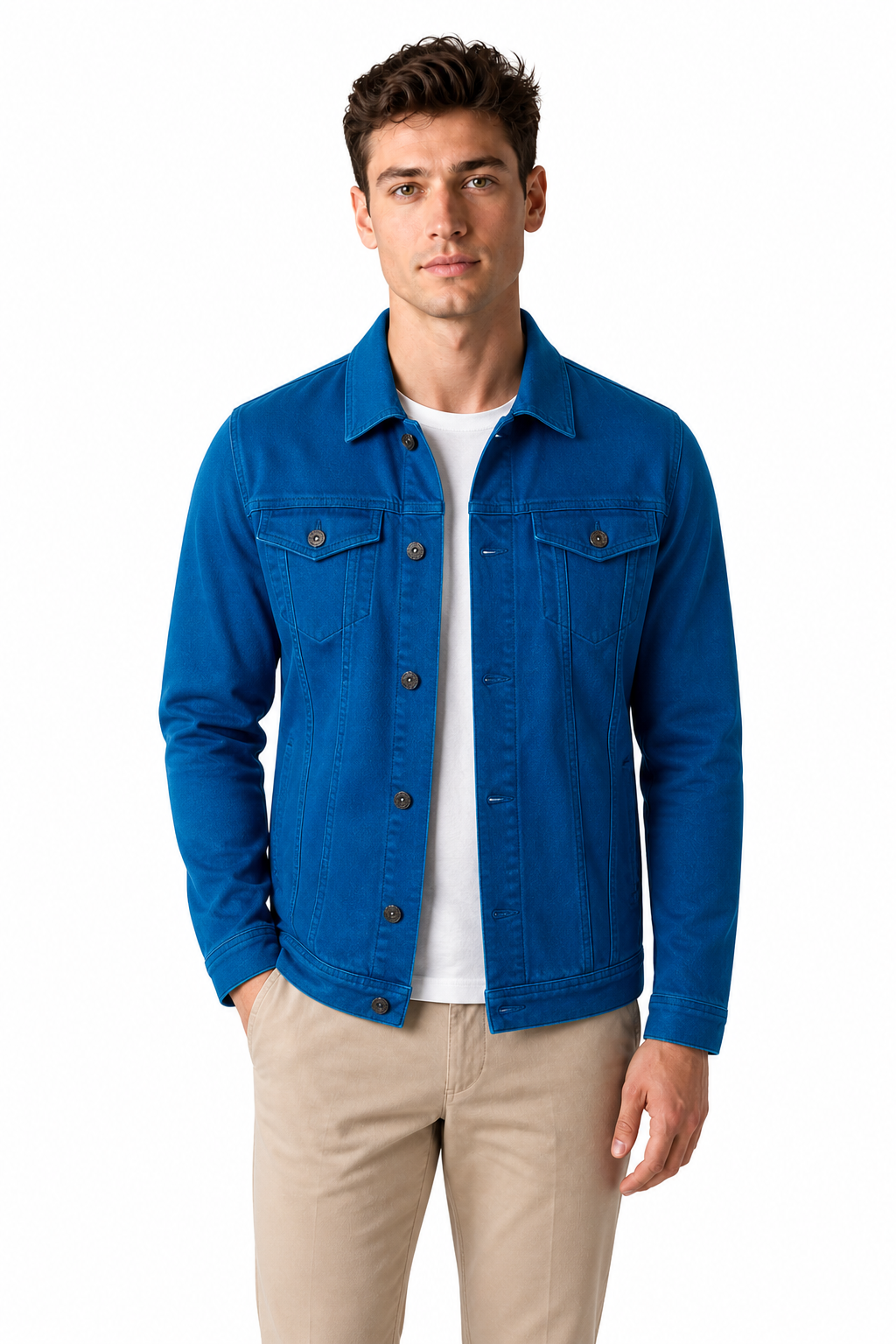 Men's Trucker Jacket Classic Denim Button Front, Blue, front view