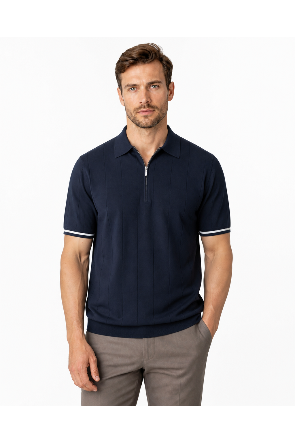 Harvey | Textured Zip-Neck Polo Shirt - Dark Blue - front - group 2