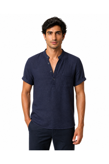 Theo | Casual Linen V-Neck Shirt - Dark blue - front - group 2