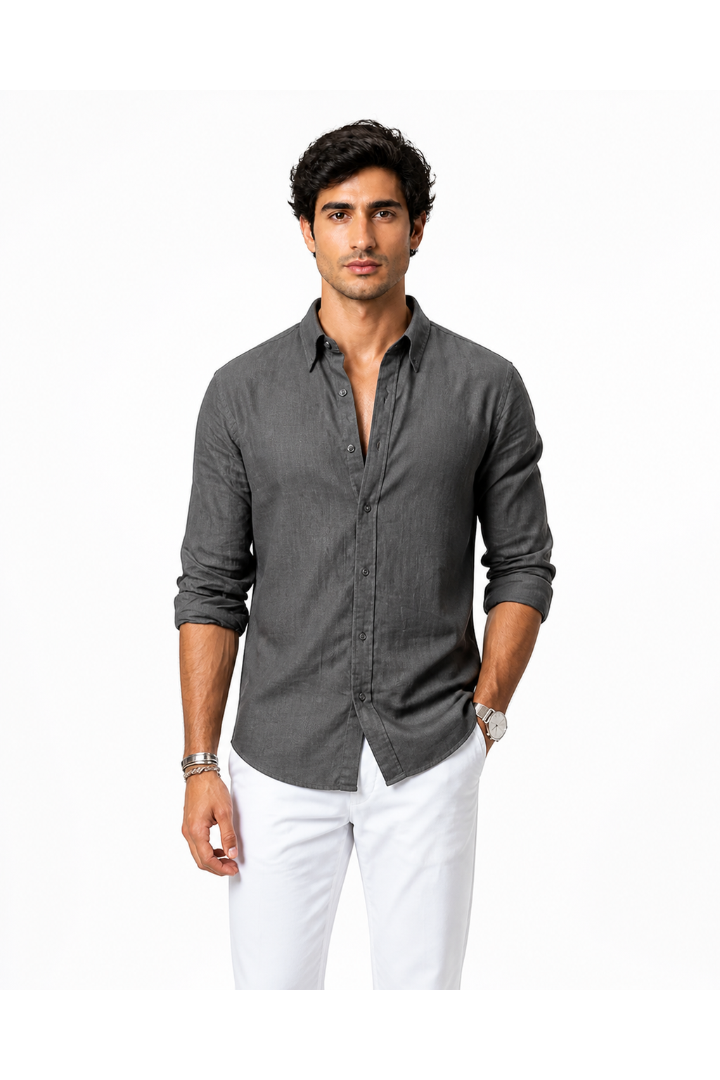 Oliver | Cotton-Linen Roll-Sleeve Shirt - Dark Gray - front - group 2