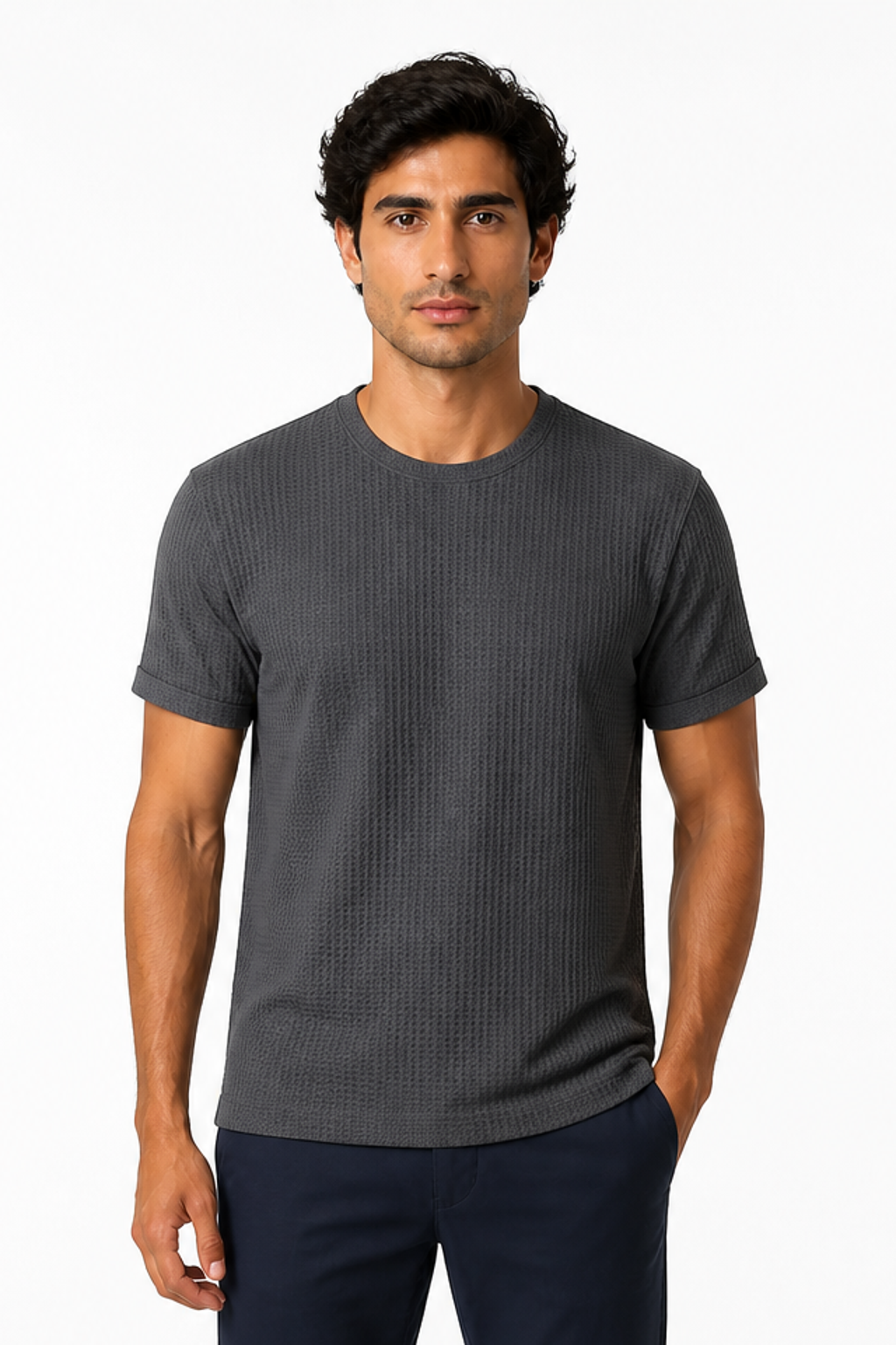 Men's T-Shirt Textured Fabric Crew Neck, Dark Gray, front view