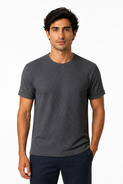 Men's T-Shirt Textured Fabric Crew Neck, Dark Gray, front view