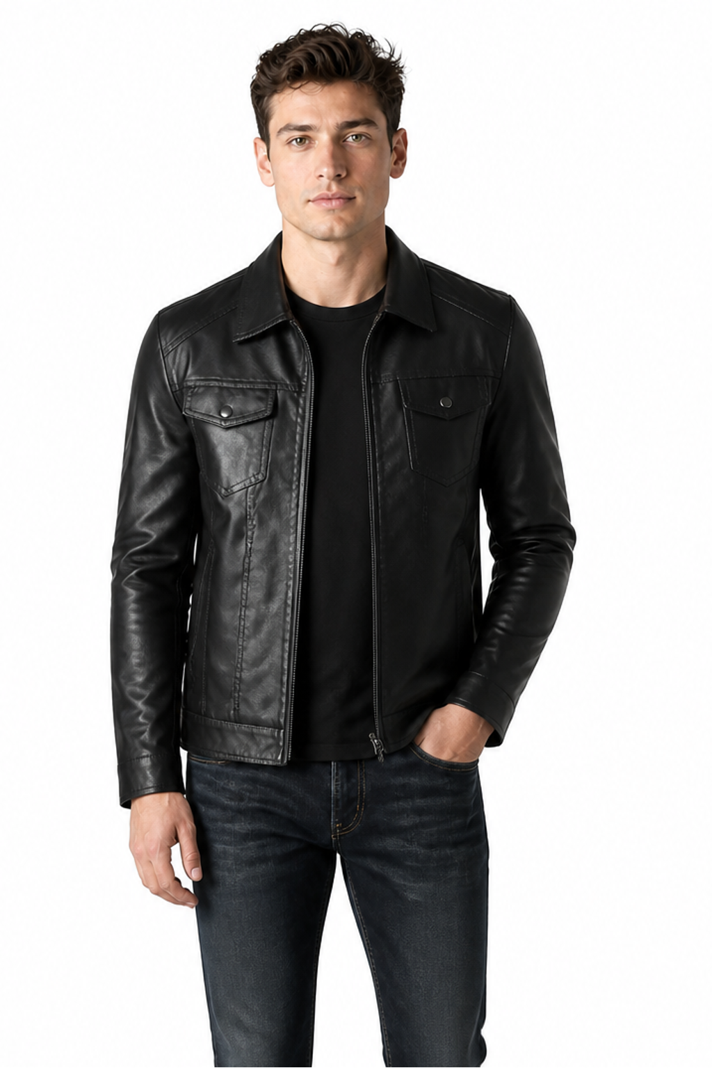 Men's Jacket Quilted Finish Faux Leather, Fleece Lined, front view