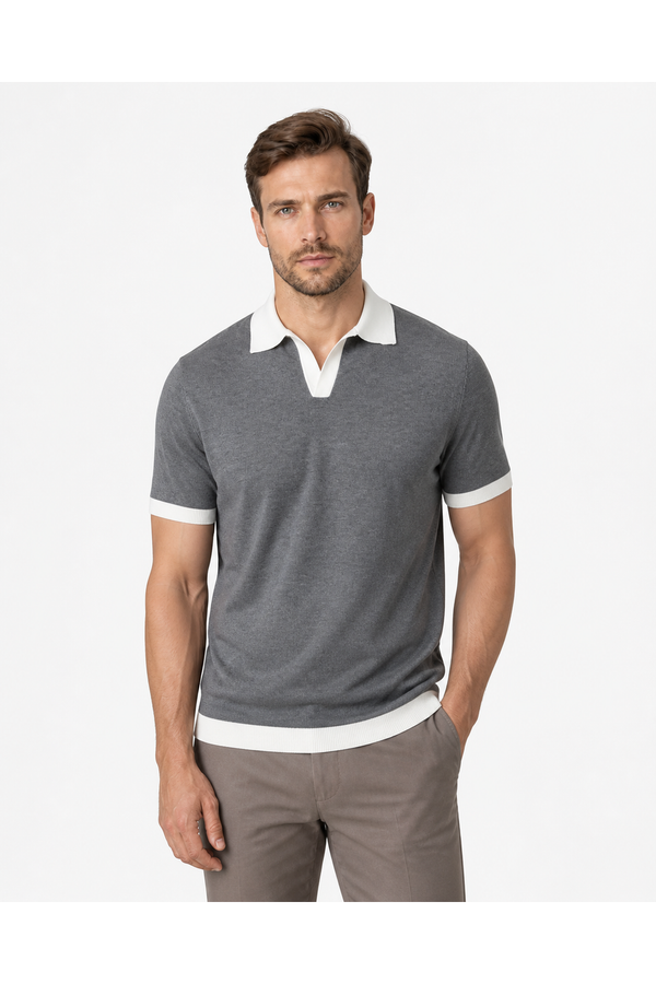 Rowan | Contrast-Collar Knit Polo - Gray - front - group 2