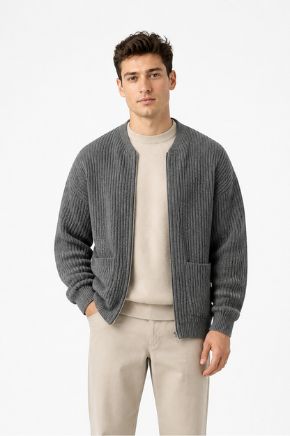 Men's Zip Cardigan Waffle Knit Funnel Neck, Gray, front view