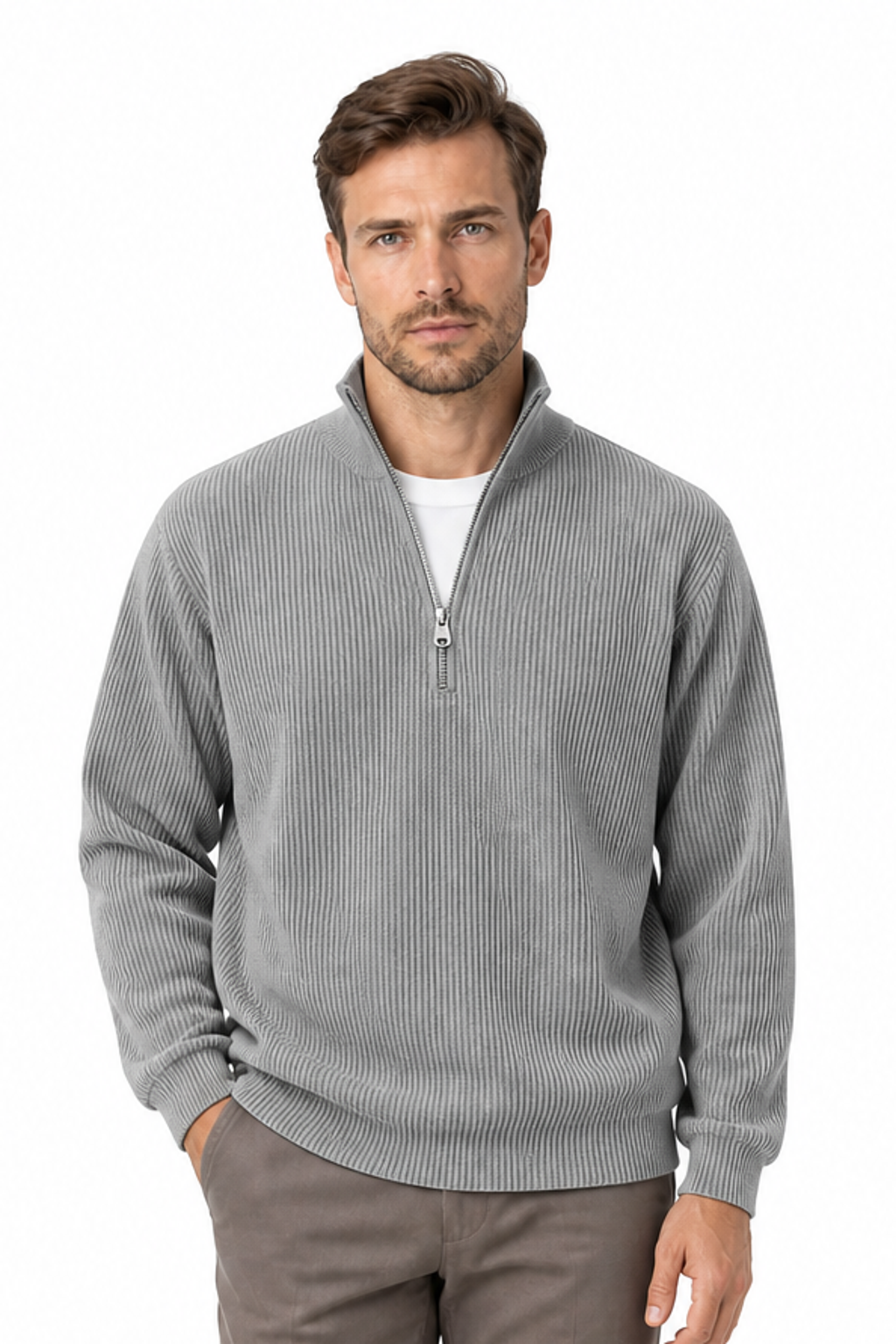 Men's Sweatshirt Corduroy Texture Quarter Zip, Gray, front view