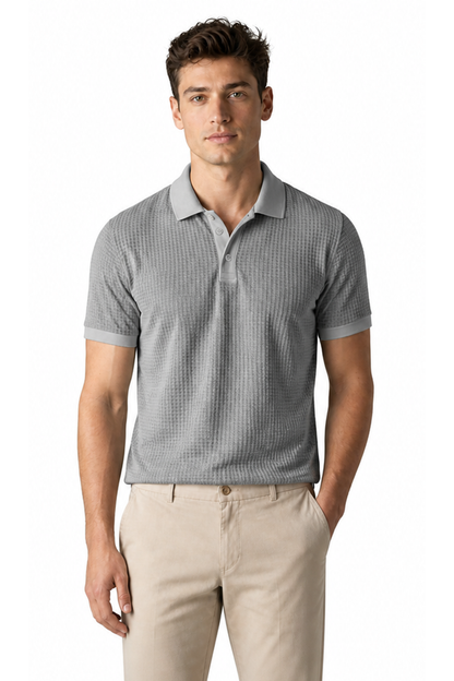 Ethan Textured Waffle Polo Shirt - Gray - front