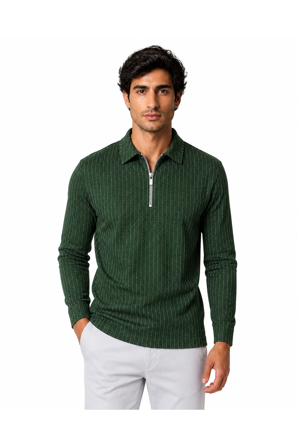Henry | Striped Half-Zip Polo Sweater - Green - front - group 2