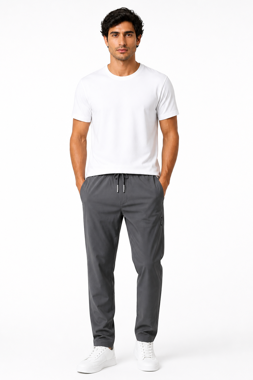 Men's Trousers Lightweight Fabric Drawstring Waist, Grey, front view