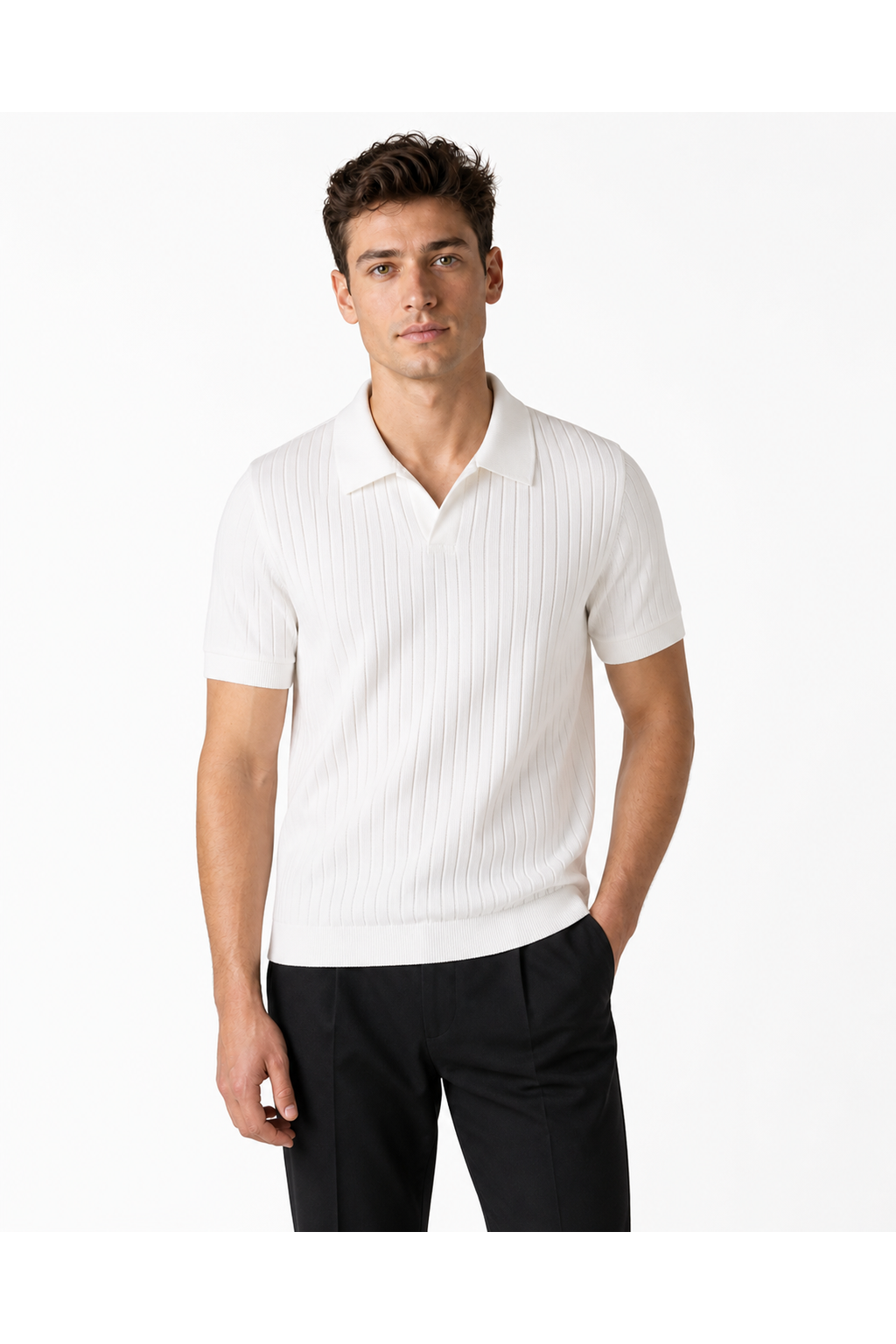 Evan | Textured Knit Polo Shirt - K02 White - front - group 2
