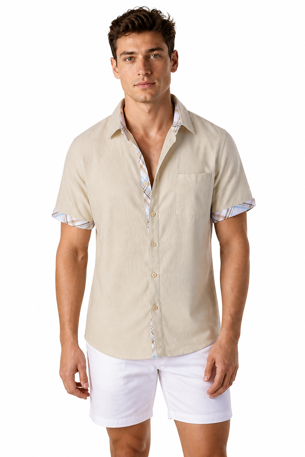 Men's Shirt Plaid Trim Short Sleeves, Khaki Plaid, front view