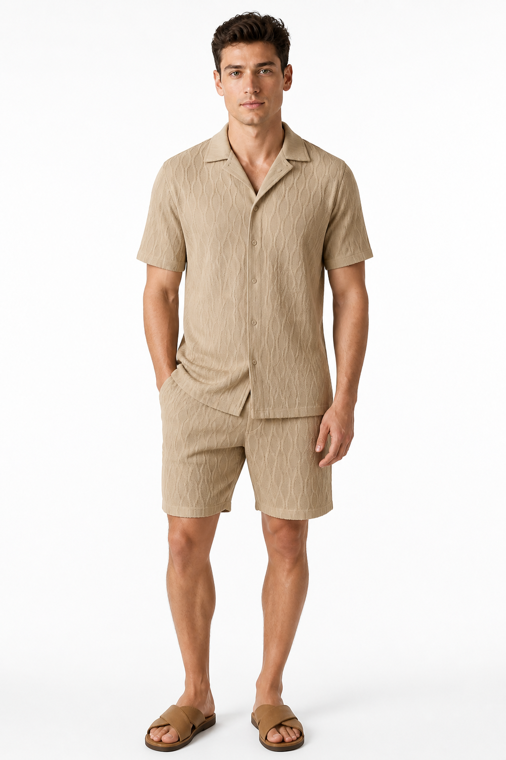 Men's Shorts Set Textured Fabric Camp Collar, Khaki, front view