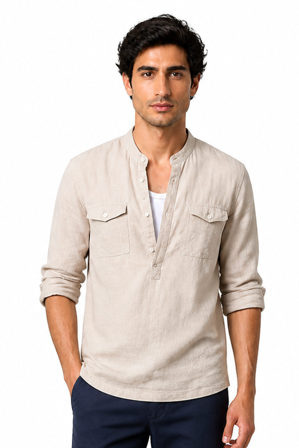 Men's Band-Collar Shirt Cotton-Linen Blend Long Sleeves, Khaki, front view