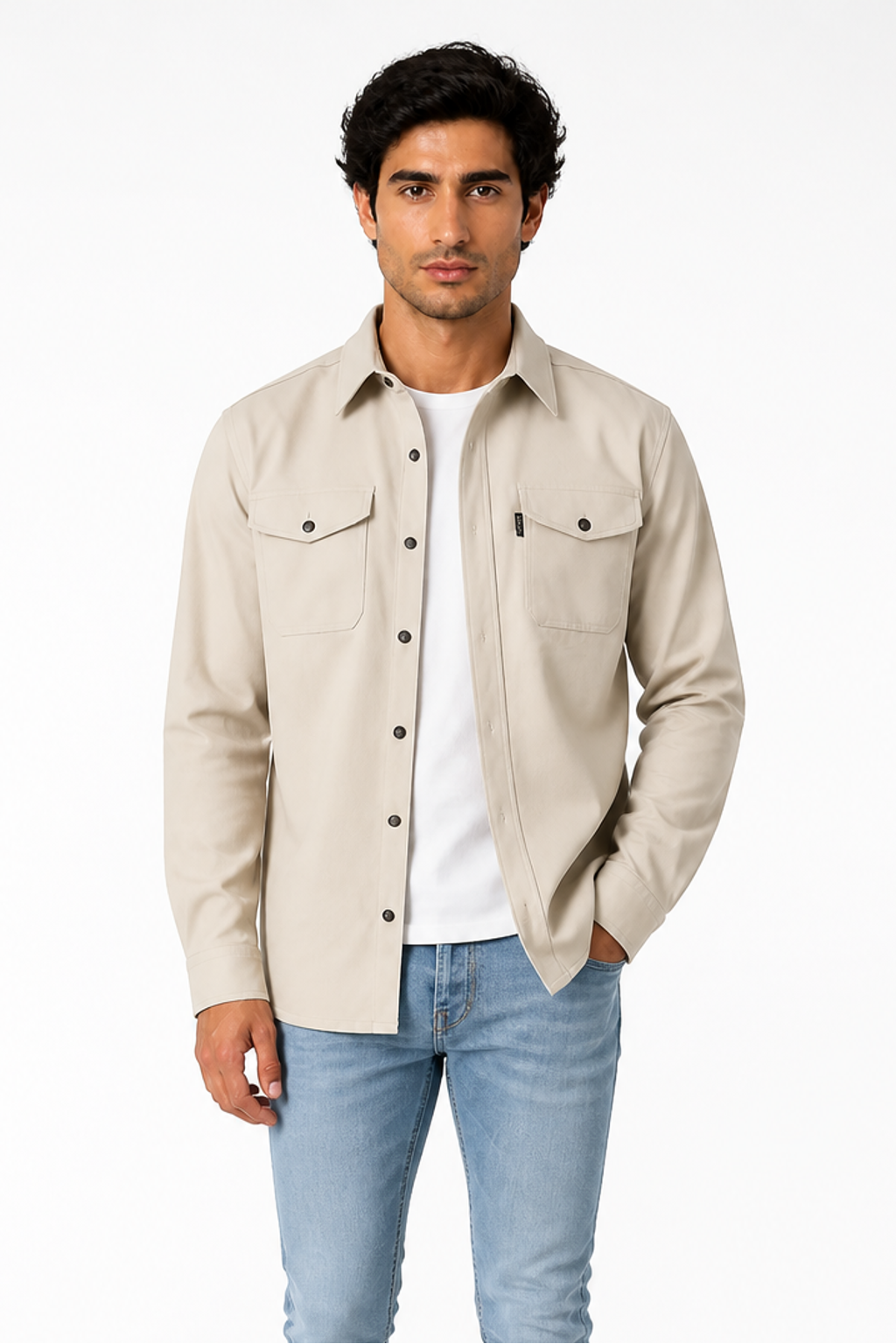 Men's Overshirt Brushed Fabric Double Pockets, Light Apricot Colored, front view