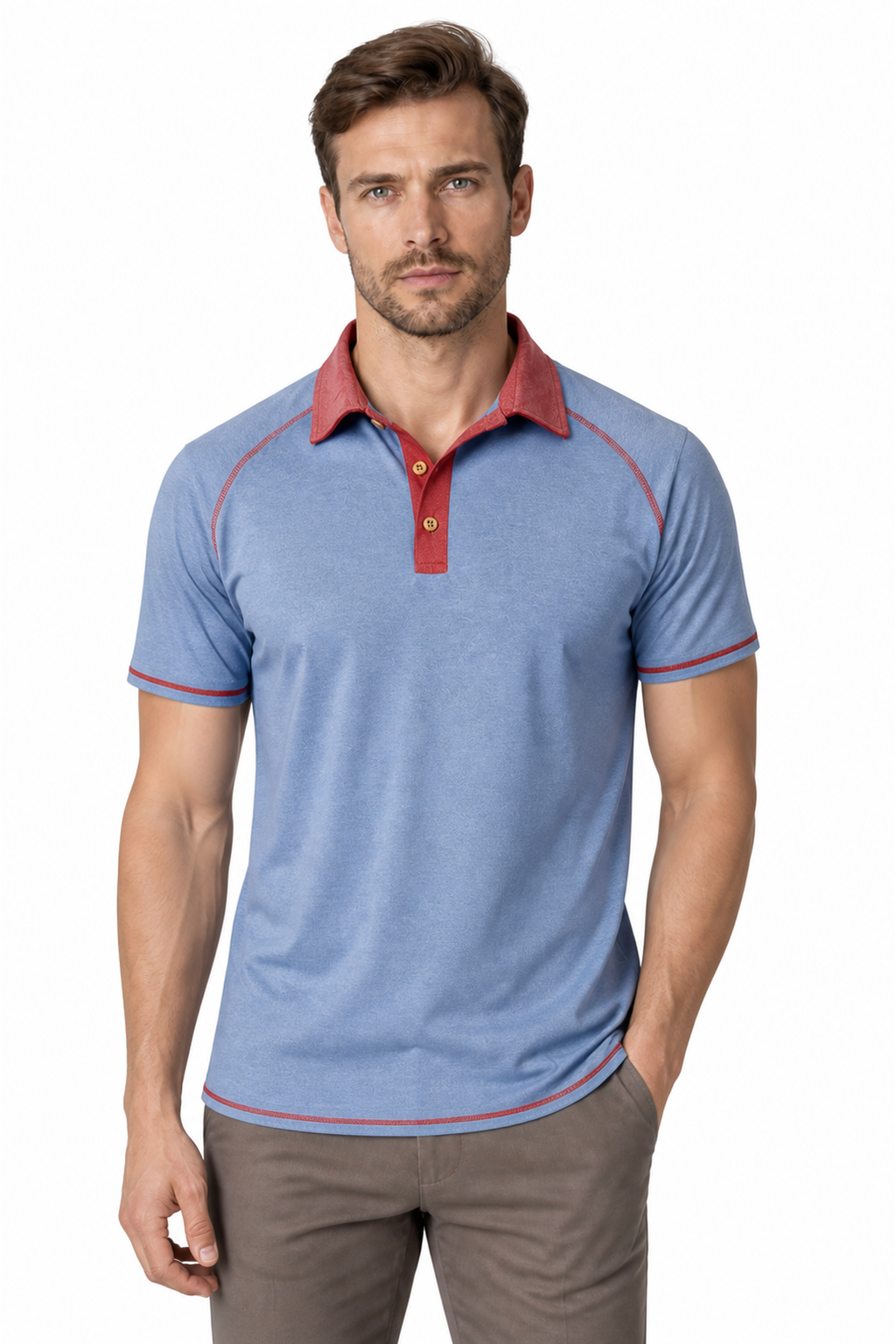 Men's Polo Shirt Contrast Stitching Short Sleeves, Light Blue, front view