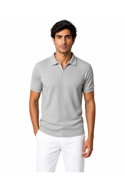 Marcus | Vertical-Rib V-Neck Polo - Light Gray - front - group 2