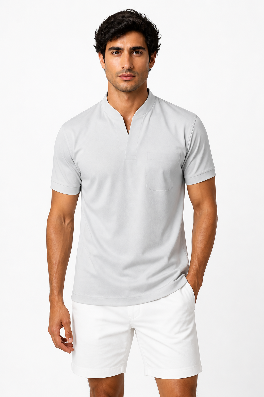 Men's T-Shirt Athletic Fit V-Neck Pocket, Light Grey, front view