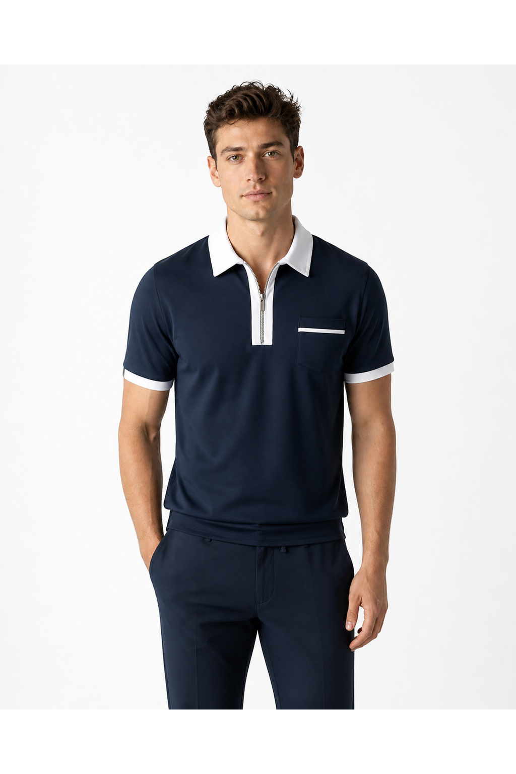 Graham | Contrast-Trim Pocket Polo - Navy Blue - front - group 2