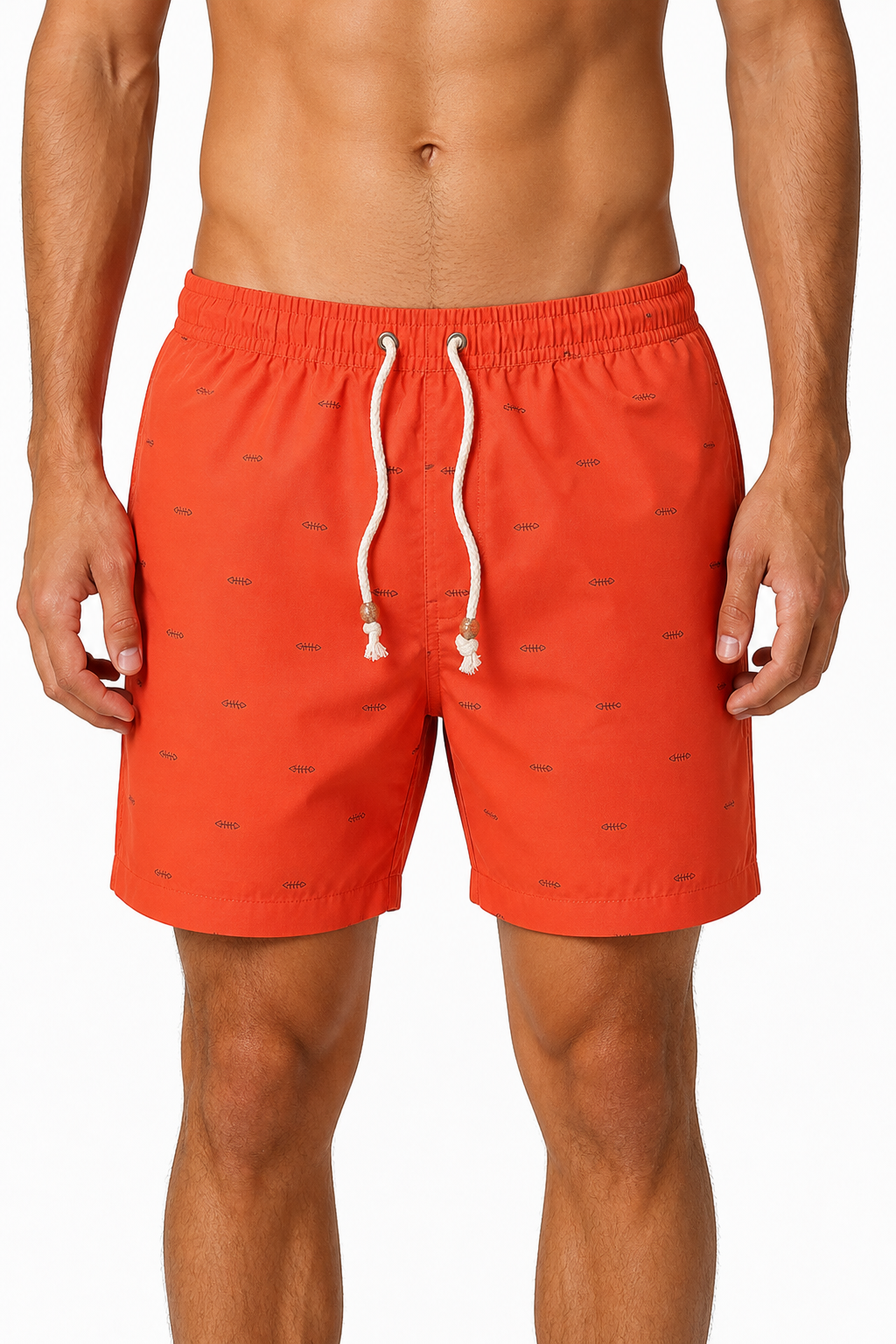 Men's Beach Shorts Printed Design Drawstring Waist, orange, front view