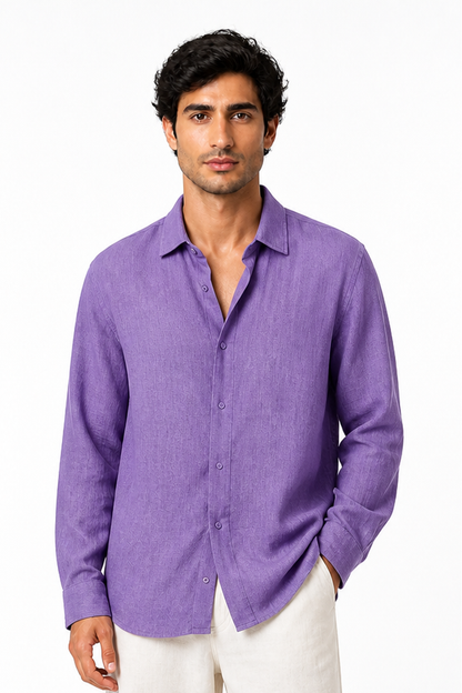 Men's Button-Up Shirt Relaxed Fit Long Sleeves, Purple, front view