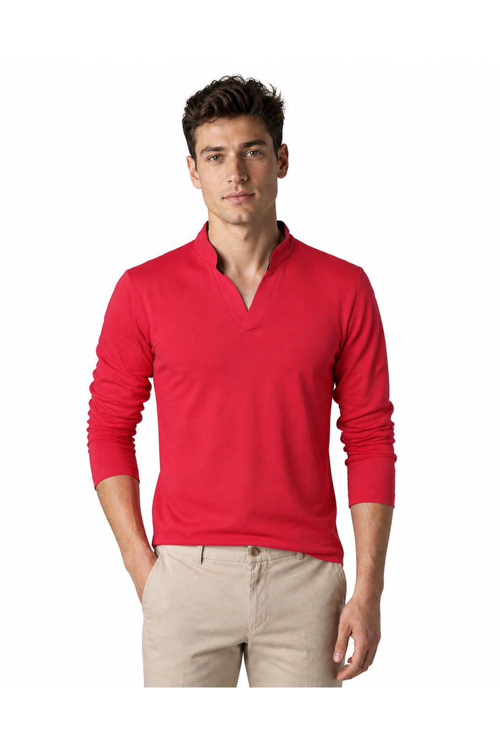 Joel | Casual Stand-Collar Henley - Red - front - group 2
