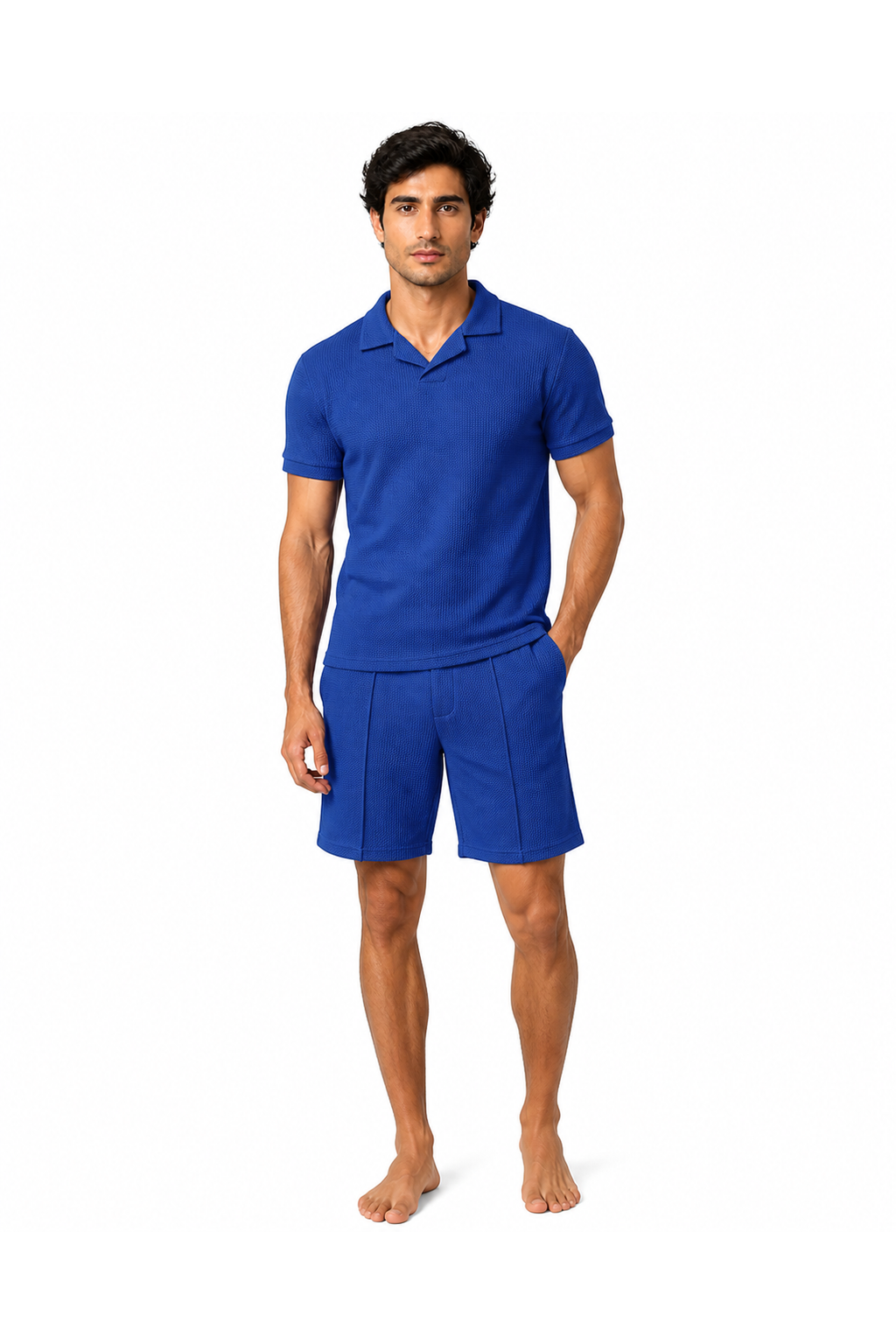 Liam | Waffle-Knit Polo Shorts Set - Sapphire Blue - front - group 2