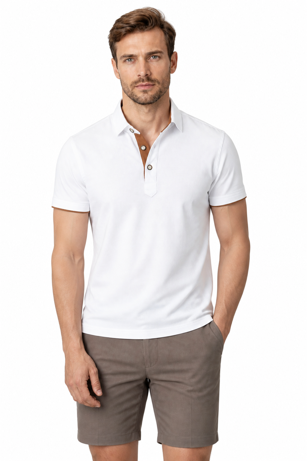 Men's Polo Shirt Contrast Trim Button Collar, White and coffee, front view