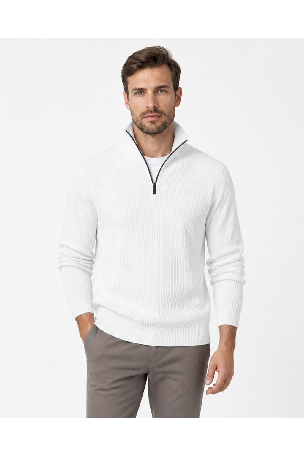 Aiden | Striped Half-Zip Polo Sweater - White - front - group 2