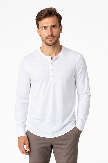 Men's Henley Shirt Long Sleeves Casual Fit, White, front view