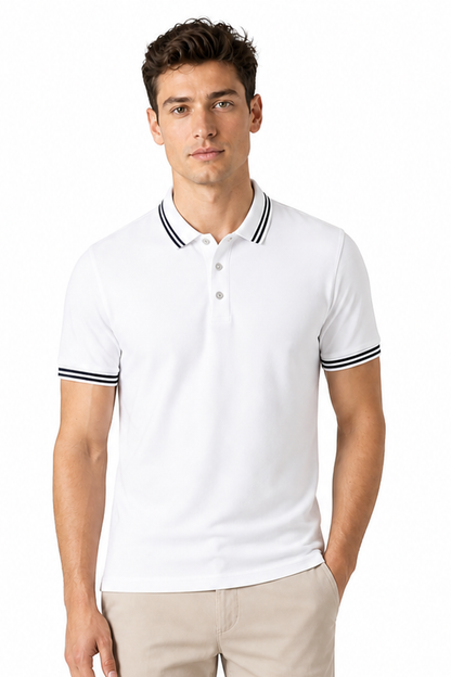 Men's Polo Shirt Contrast Trim Short Sleeves, White, front view