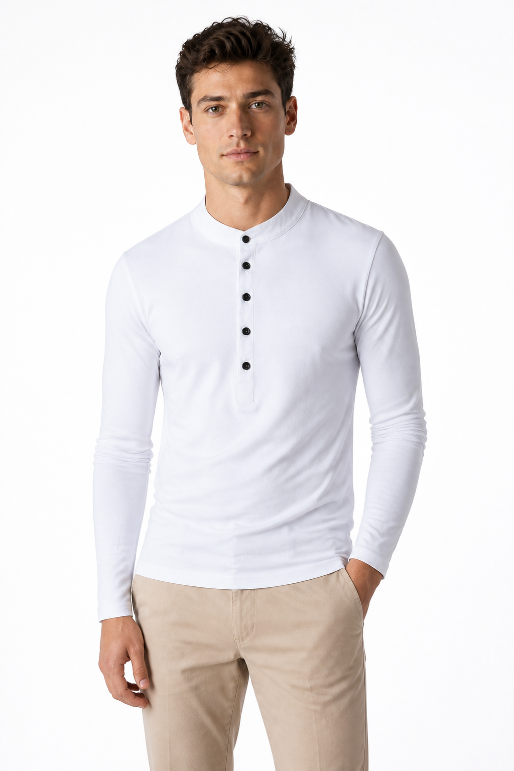 Men's Henley Shirt Layered Look Long Sleeves, White, front view