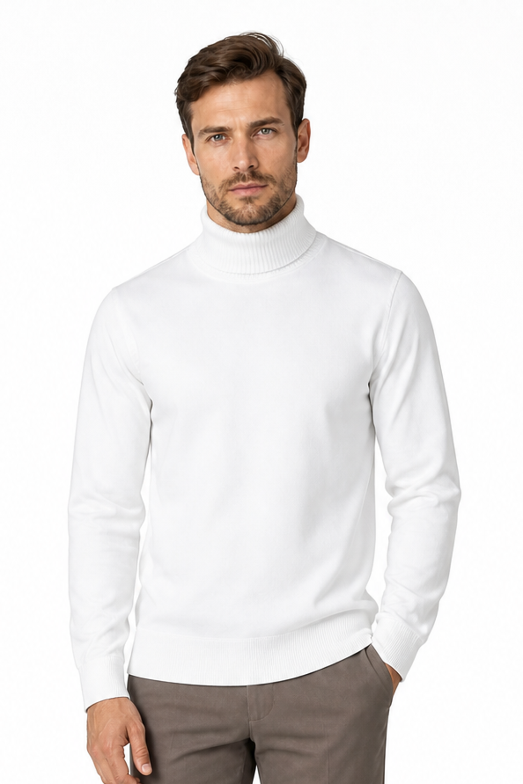 Men's Turtleneck Sweater Fleece Lining Warm Knit, White, front view