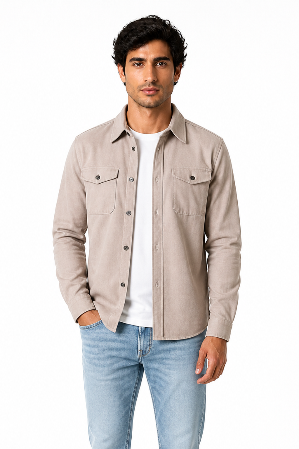 Men's Overshirt Brushed Fabric Double Pockets, Apricot, front view