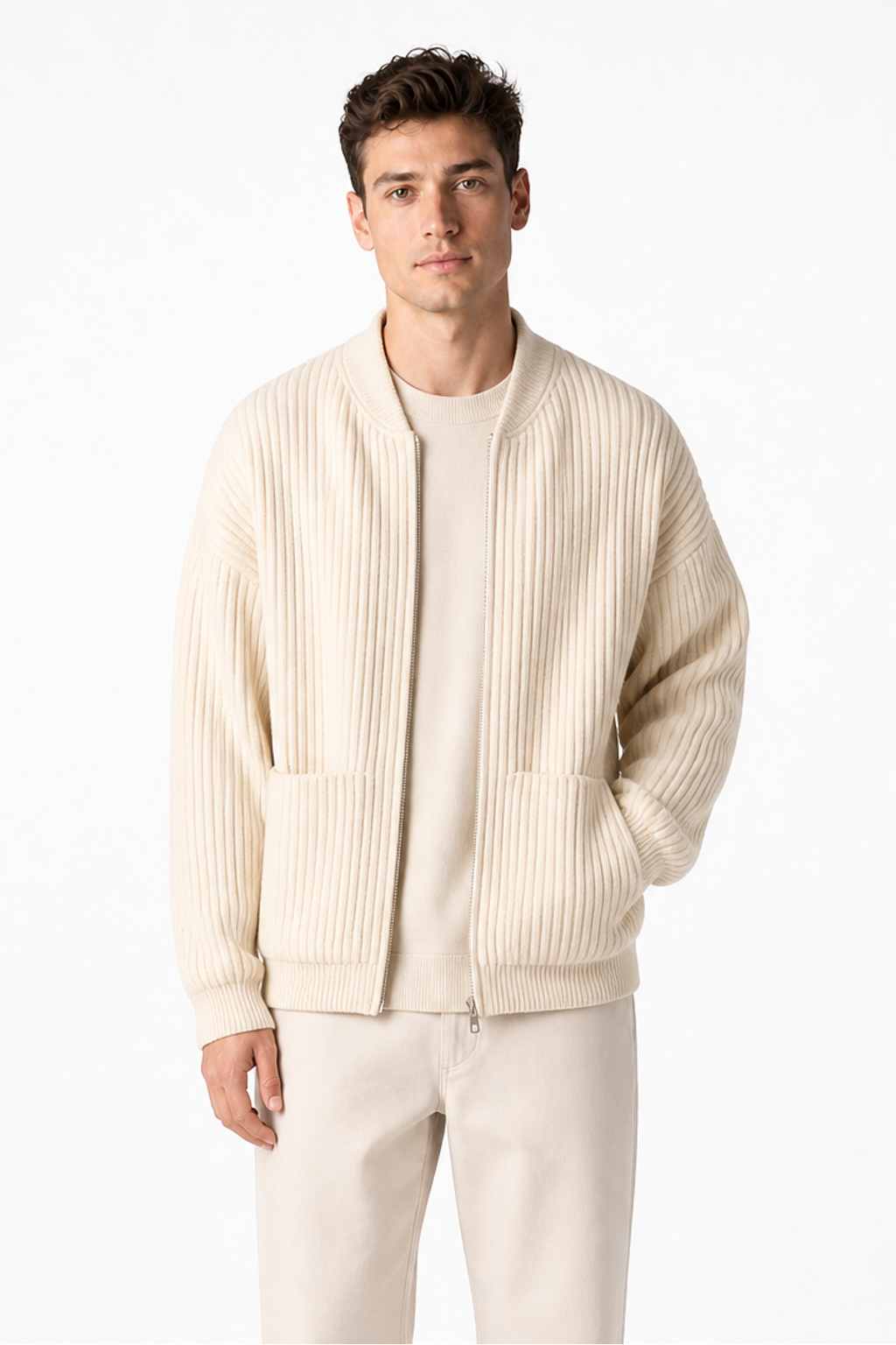 Men's Zip Cardigan Waffle Knit Funnel Neck, Apricot, front view