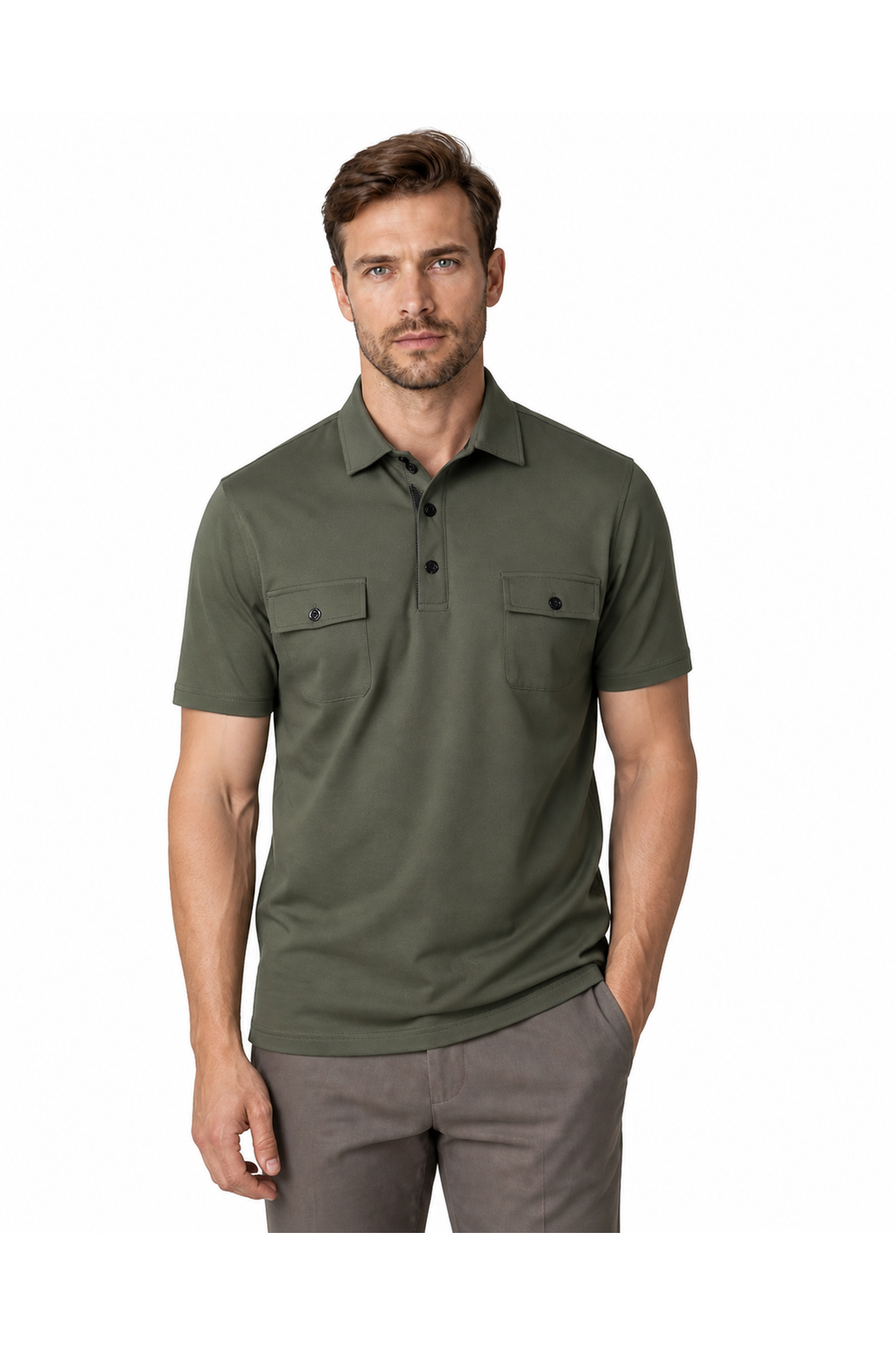Wesley | Utility Pocket Polo Shirt - Army Green - front - group 3