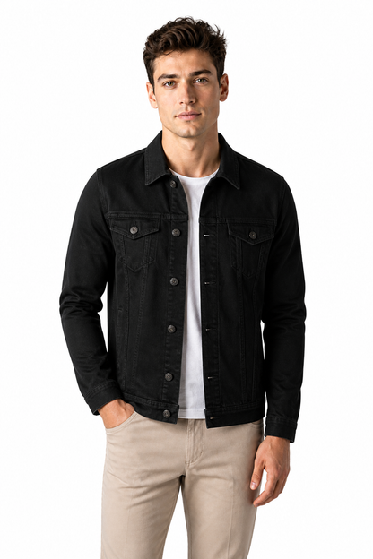 Men's Trucker Jacket Classic Denim Button Front, Black, front view