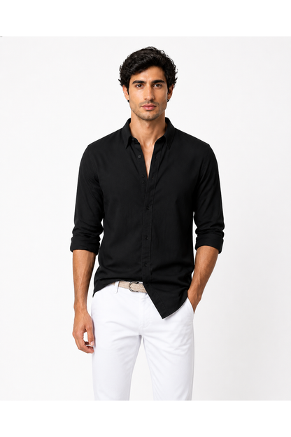 Oliver | Cotton-Linen Roll-Sleeve Shirt - Black - front - group 3