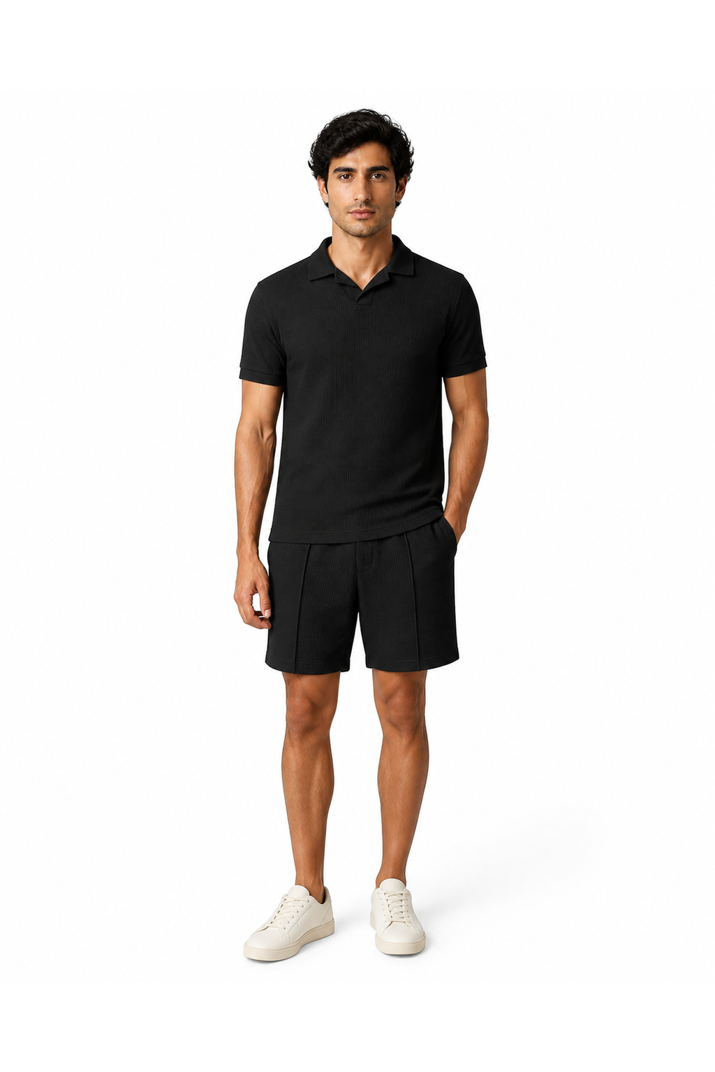 Liam | Waffle-Knit Polo Shorts Set - Black - front - group 3