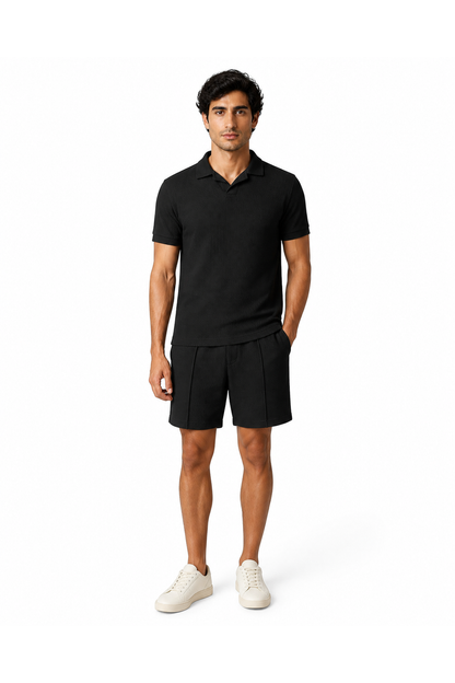 Liam | Waffle-Knit Polo Shorts Set - Black - front - group 3