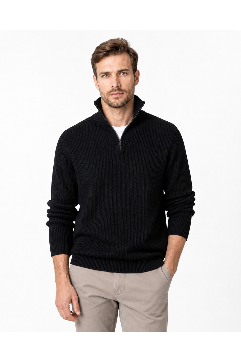 Aiden | Striped Half-Zip Polo Sweater - Black - front - group 3