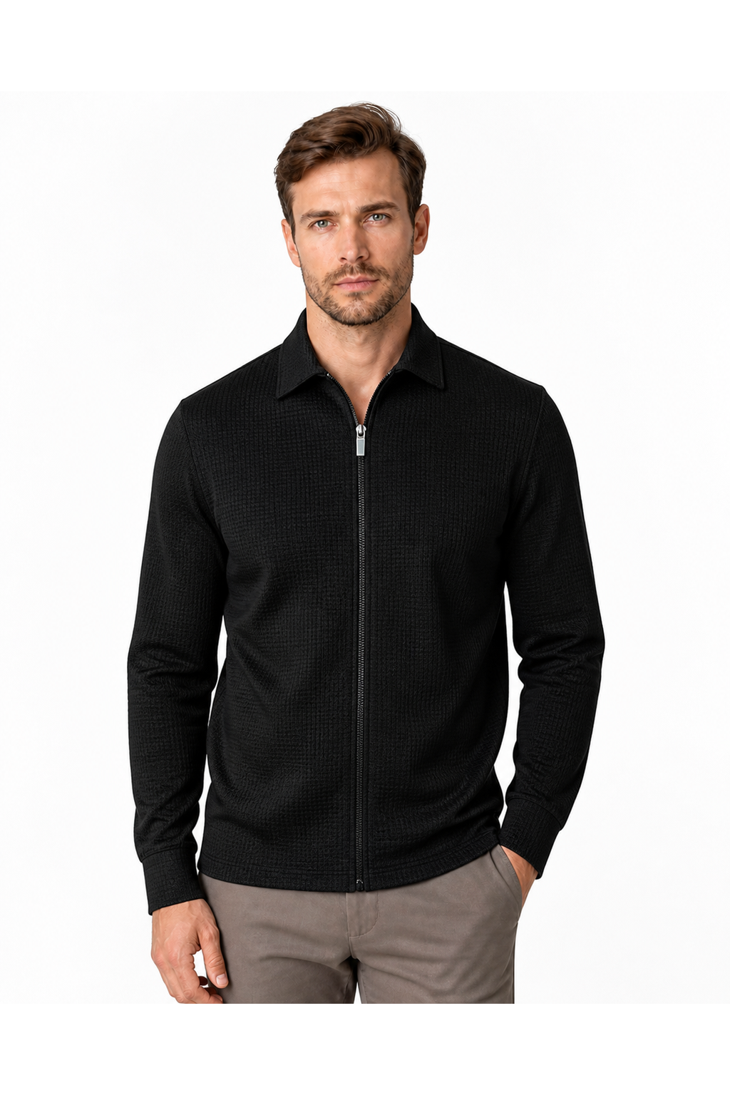 Dylan | Waffle-Knit Zip Jacket - Black - front - group 3