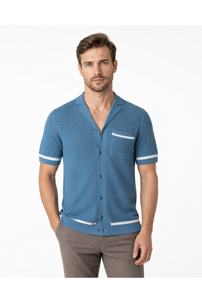 Jonah | Cuban-Collar Knit Shirt - Blue - front - group 3