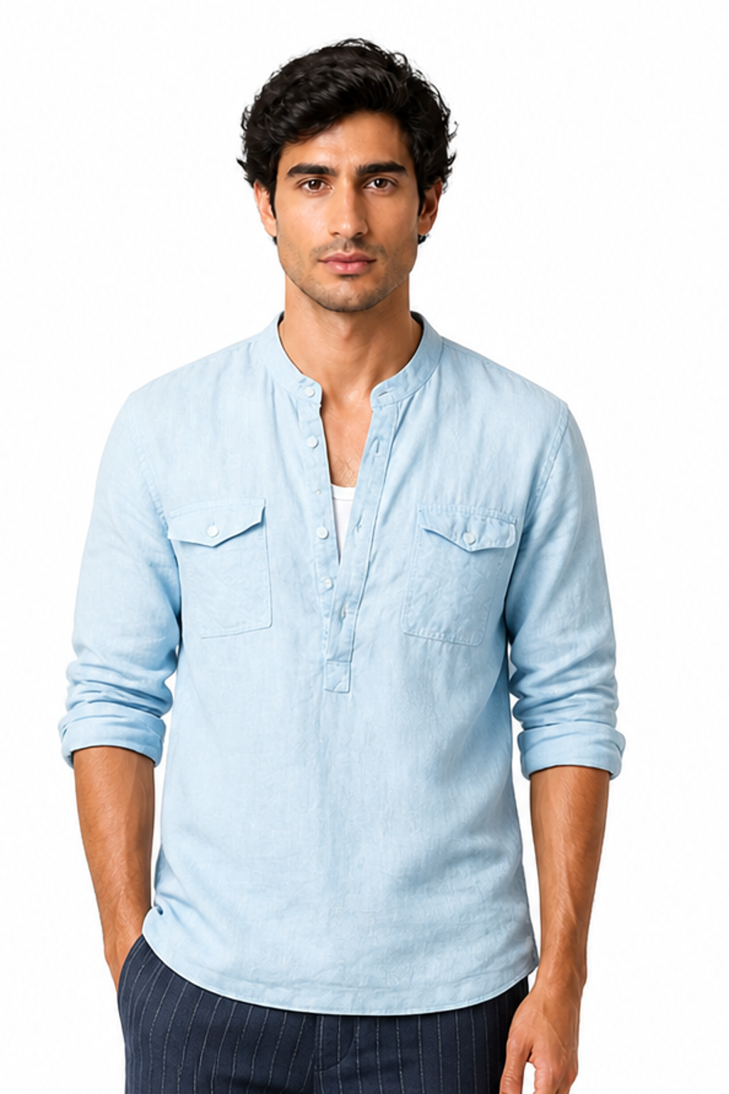 Men's Band-Collar Shirt Cotton-Linen Blend Long Sleeves, Blue, front view