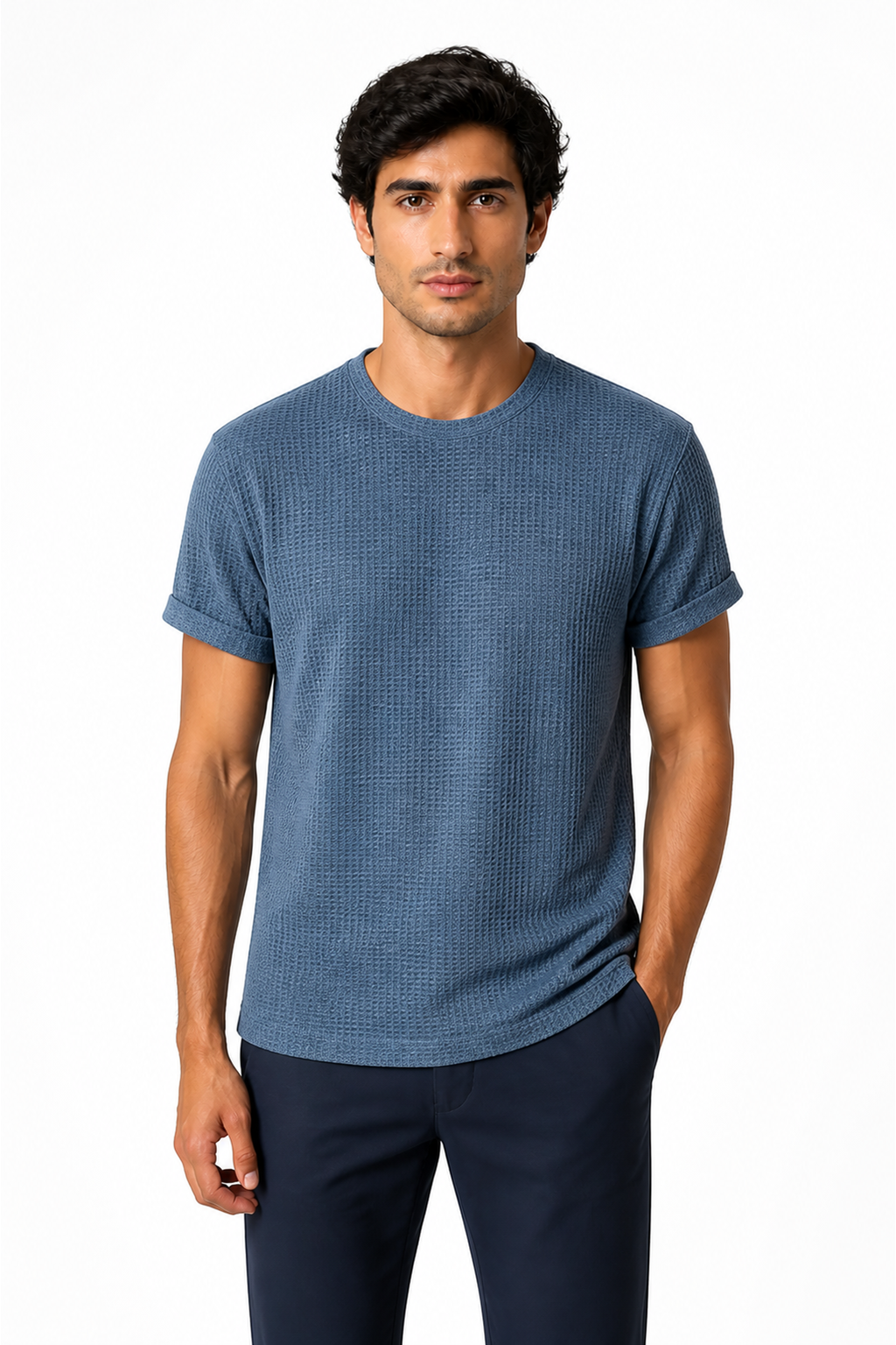 Men's T-Shirt Textured Fabric Crew Neck, Blue, front view