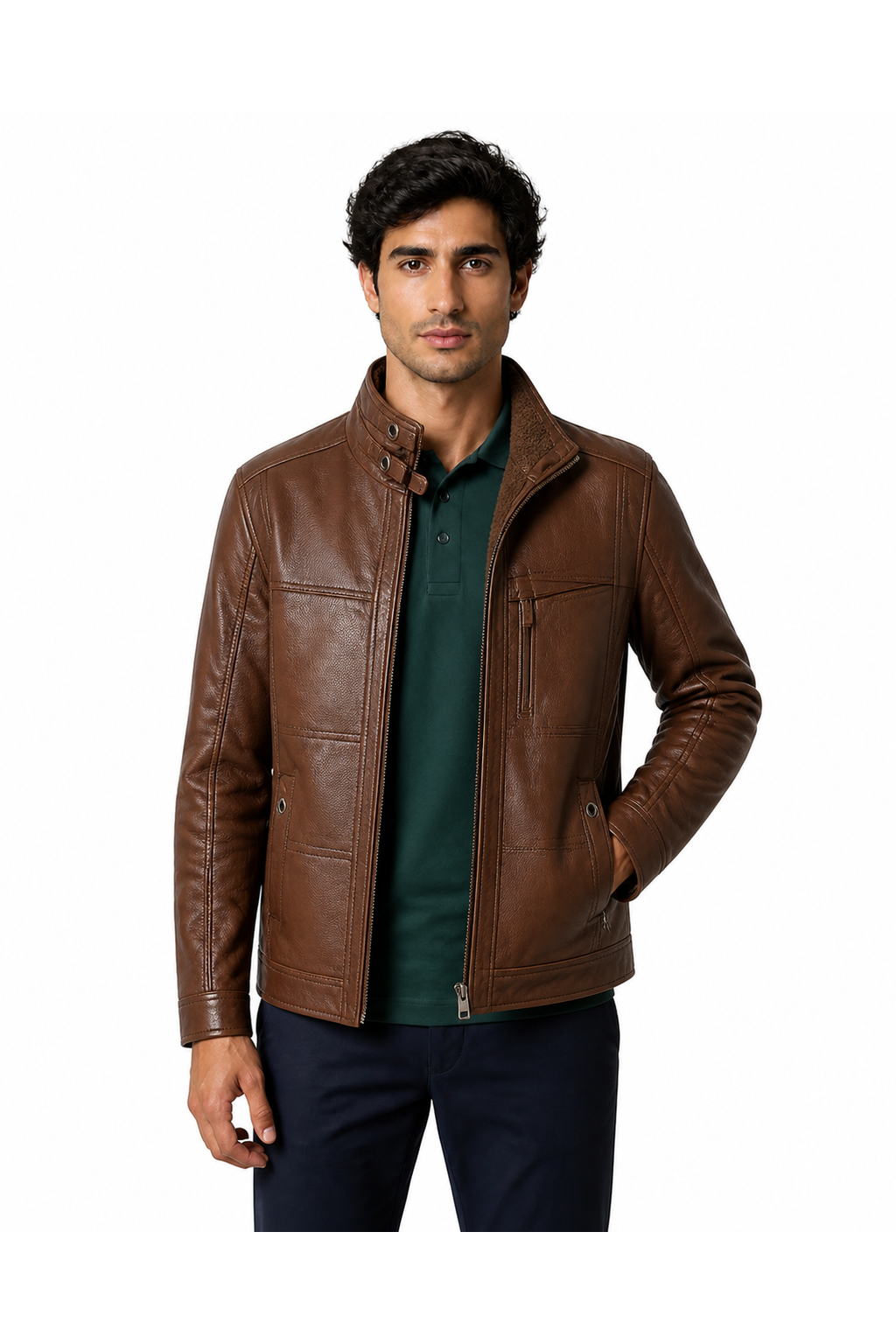 Troy | Oblique-Zip Leather Jacket - Brown - front - group 3