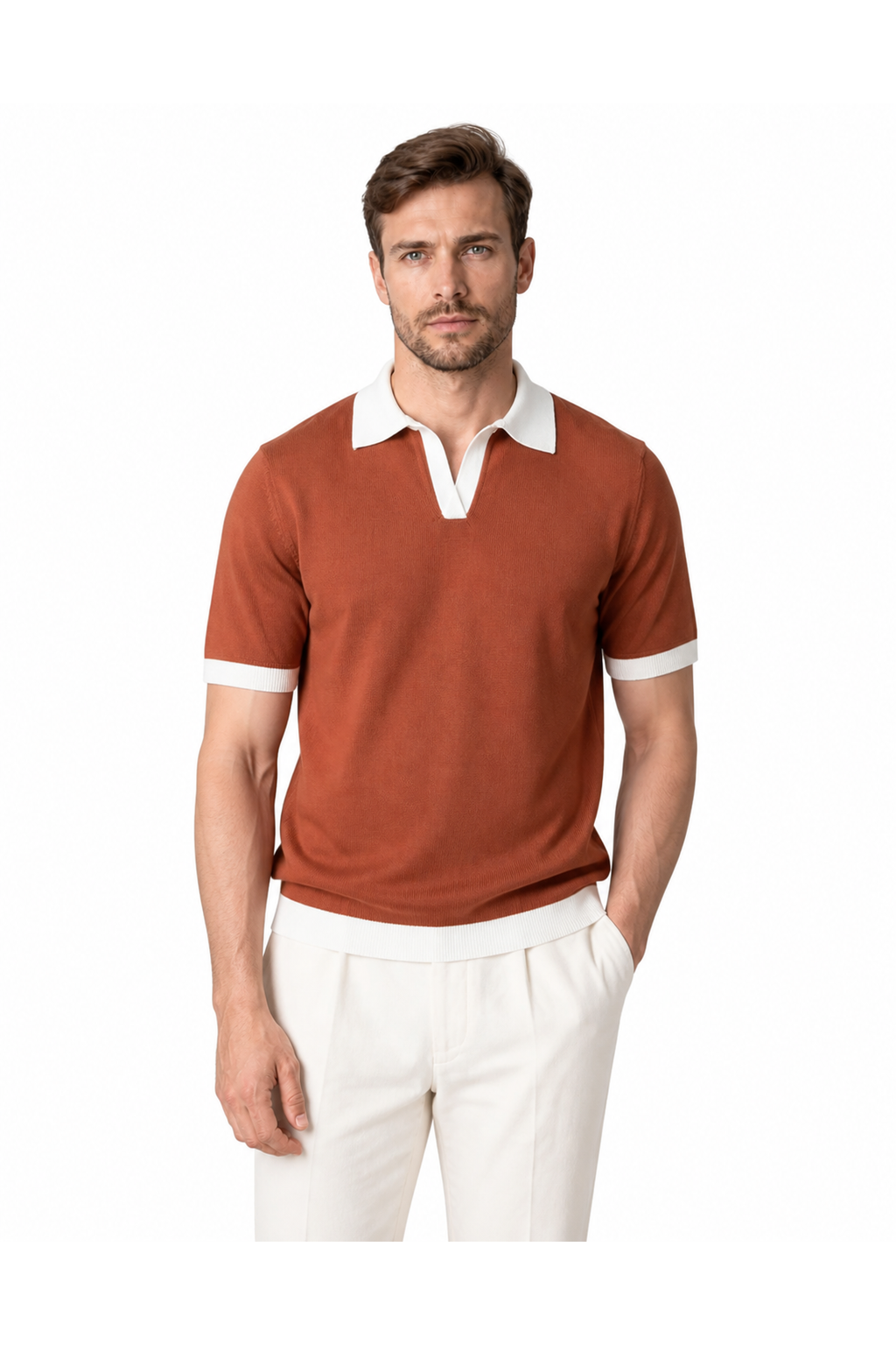 Rowan | Contrast-Collar Knit Polo - Brown - front - group 3